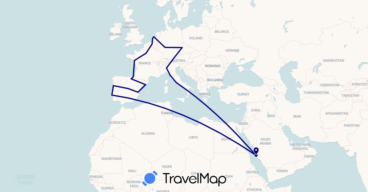 TravelMap itinerary: driving in Belgium, Czech Republic, Germany, Spain, France, Italy, Netherlands, Portugal, Saudi Arabia (Asia, Europe)